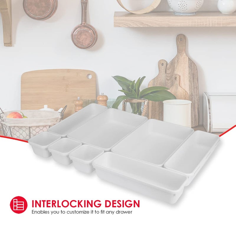 Home Basics 8 Piece Kitchen, Adjustable and Customizable Multi-Drawer Divider Organizer Set Multipurpose Use White - Image 3